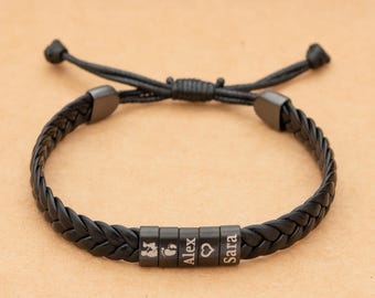 personalized adjustable Leather bracelet , Handmade children's/kids names beads ,Customized Men's silver jewelry