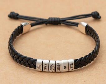 Personalisiertes geflochtenes Lederarmband für Männer: Sterling Silber Perlen mit Gravur