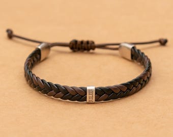 Roman Numeral Bracelet: Personalized Date Charm, Braided Sliding Leather, Anniversary Gift for Him, Custom Engraving