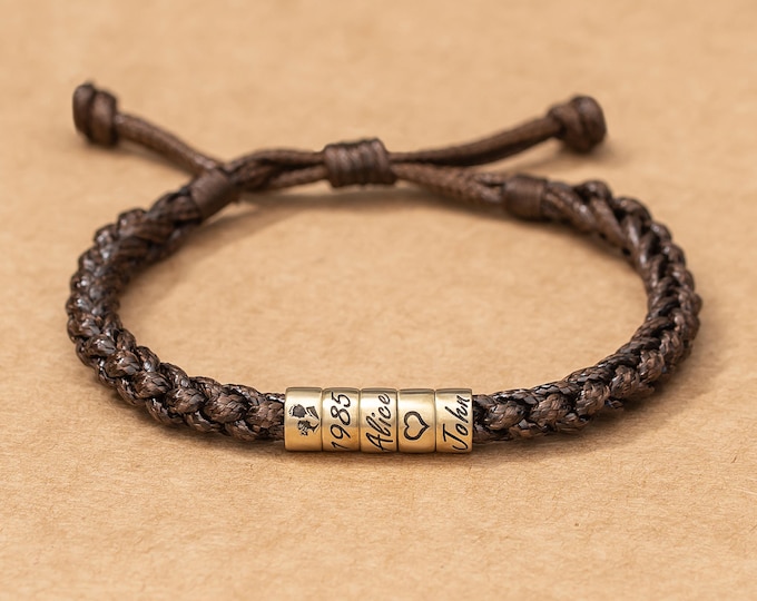 Personalized Couple Bracelet: Custom Engraved Beads, Braided Adjustable Leather, Couple Anniversary Gift, Names & Year