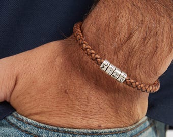 Personalize Mens Silver Beads Bracelet.Brown Leather Bracelet With Handmade name beads,Christmas Fathers Day Gifts For Husband Grandpa Kids