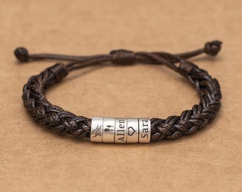 Personalized Sterling Silver Braided Leather Bracelet - Custom Name Beads