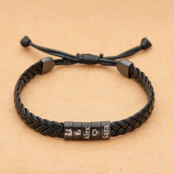 personalized adjustable Leather bracelet , Handmade children's/kids names beads ,Customized Men's silver jewelry