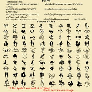 May include: A beige chart displaying four font styles labelled Manuale Semi, Akaya, Merienda, and Freestyle Script, followed by a numbered symbol chart containing 100 black icons including zodiac signs, hearts, animals, and silhouettes.