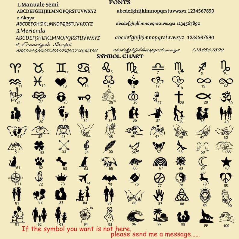 May include: A beige chart displaying four font styles labelled Manuale Semi, Akaya, Merienda, and Freestyle Script, followed by a numbered symbol chart containing 100 black icons including zodiac signs, hearts, animals, and silhouettes.