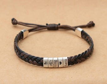 Personalized Woven Leather Bracelet, Custom Couple Bracelet,Mens Adjustable Bracelet, Christmas Father's Day Gift for Dad Boyfriend Husband