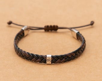 Adjustable Leather Om Bracelet ：Personalizable Name Bracelet.  Raksha Jewelry.