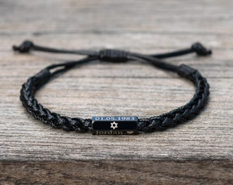 Star Of David Bracelet: Personalized Name and Date, Braided Rope, Adjustable Sliding Knot, Jewish Gift