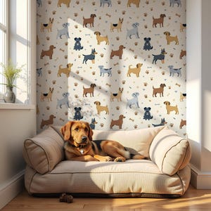 Papel tapiz autoadhesivo con temática de perros / Arte de pared divertido y temporal extraíble con animales para guardería o habitación de niños / Idea de regalo para amantes de las mascotas