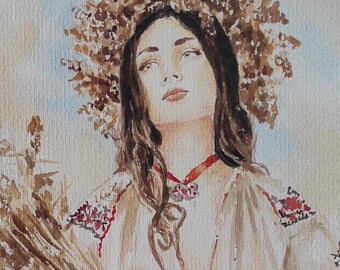 Ukrainian Girl Original Watercolor Painting, Handmade Art