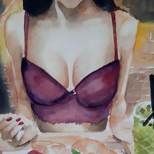 Watercolor Portrait: Girl Enjoying Dinner on Fine Watercolor Paper