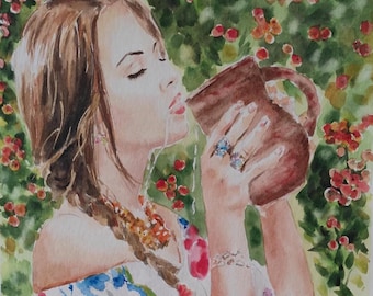Acquerello di ragazza ucraina – Arte murale popolare etnica, donna slava con brocca, dipinto floreale originale