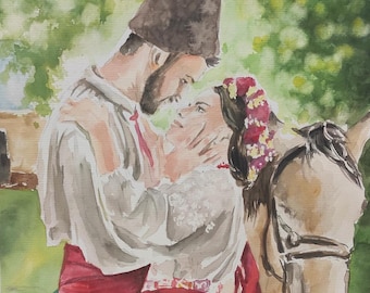 The Last Kiss, original watercolor painting, Ukrainian painting