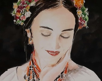 Ragazza ucraina, acquerello originale dipinto a mano