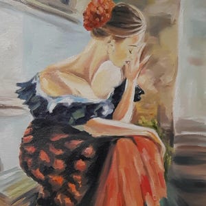 Flamenco Tänzerin Ölgemälde: Spanierin im roten Kleid (11.8x17.7)