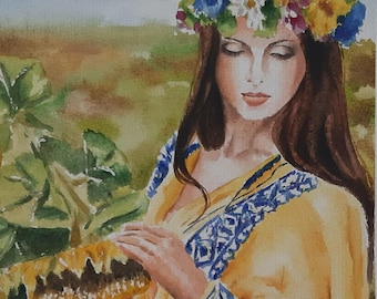 Ragazza ucraina e girasoli, acquerello, originale dipinto a mano