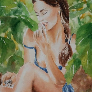 Schönes Mädchen, das sich im Feld ausruht, Aquarellmalerei