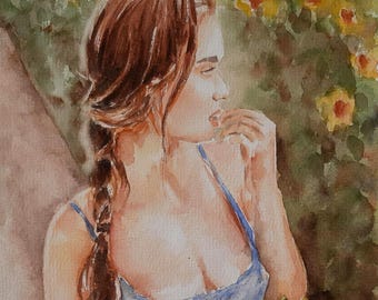 Girl with Sunflowers Watercolor Painting
