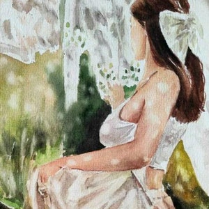 Handmade Watercolor Painting: Girl Washing Clothes