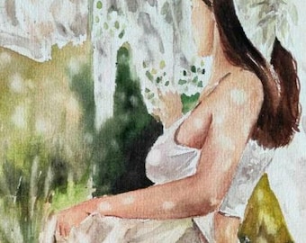 Handmade Watercolor Painting: Girl Washing Clothes