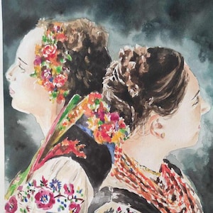 Two Ukrainian Girls in National Costume — Hand-painted Watercolor, 30x42 cm, Ukrainian Folk Art