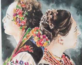 Two Ukrainian Girls in National Costume — Hand-painted Watercolor, 30x42 cm, Ukrainian Folk Art