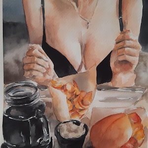 Bezauberndes Aquarellbild: Mädchen genießt ein leichtes Frühstück, Aquarellmalerei auf Aquarellpapier