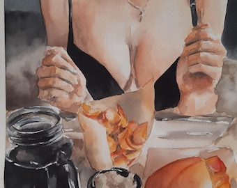 Handmade Watercolor Painting: Girl with Breakfast on Paper