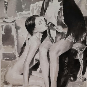 Sensual Watercolor Painting: Two Women Relaxing with Wine