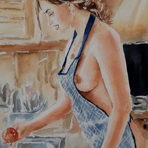 Schönes Mädchen wäscht einen Apfel in der Küche, Aquarellmalerei