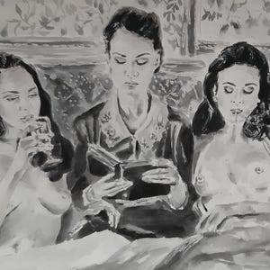 Intimate Trio: Sensual Watercolor Art of Three Girls in Bed