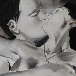 Passionate Watercolor Art: Couple in Love Embracing