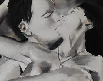 Arte appassionata dell'acquerello: coppia innamorata che si abbraccia