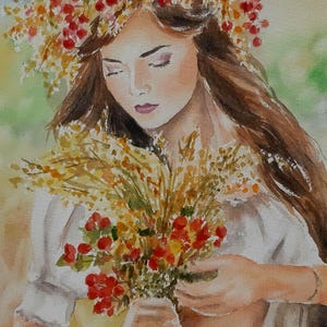 Frühlingsfreuden: Ukrainisches Aquarell Mädchen mit Blumenkranz