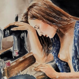 Sinnliche Nähszene: Weibliches Aquarell Gemälde