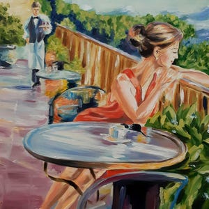 Lady in Red Oil Painting: Romantic European Terrace Scene (24x18 inch)
