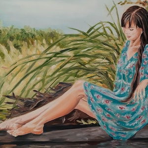 Oil Painting of a Girl in Blue Dress – Summer Female Portrait on Tree, Large Wall Art 31x20 inch