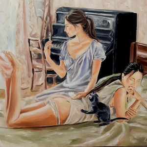 Whispers at Home – Original Oil Painting | 24x20 inch Intimate Scene with Two Girls & Cat | Figurative Art | Soft Interior Moment