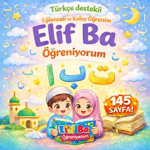 Op de afbeelding: Kleurrijke kinderboekcover met de titel "Elif Ba Öğreniyorum" in paars en oranje. De afbeelding toont twee cartoonkinderen die een boek lezen, met een moskee en een maan op de achtergrond. Het boek heeft 145 pagina's.