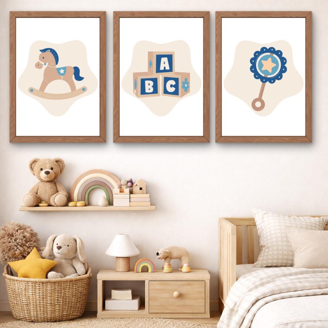 Baby Boy Nursery Wall Art, Toy Prints, Rocking Horse ABC Blocks Rattle ...