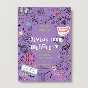 Olivia Rodrigo Core, lila Popkultur Einladung zur Geburtstagsfeier, Musik und Einstellung, für Livy's, Doodles und Scrapbook Ästhetik