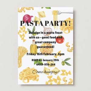 Pasta Party invitation template, for pasta eating and/or making parties, either for a celebration, birthday, or delicious fun with friends