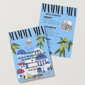 Mamma Mia Bachelorette and/or Birthday Invitation and Bach Schedule Template, Greece, Editable, Printable, and Sendable, Greek Disco