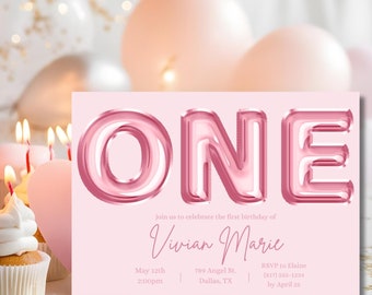 Roze folieballon 1e verjaardagsuitnodiging, eerste verjaardagsuitnodiging meisje, 1e verjaardagsuitnodiging, roze 1e verjaardag, 1e verjaardagsuitnodiging