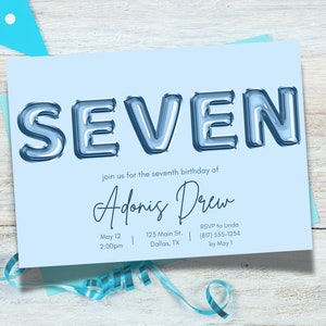 Blue Foil Balloon 7th Birthday Invitation, Seventh Birthday Invitation Boys, 7th Birthday Invitation, Blue 7th Birthday, 7th Bday Invitation