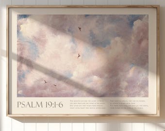 Christian Vintage Clouds Painting, Psalm 19 Aesthetic Biblical Printable, Religious Home Decor, Bible Verse Print, Modern Poster Wall Art
