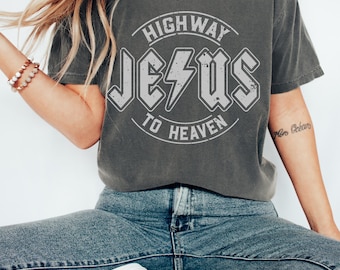 Vintage Jesus Highway to Heaven Distressed Tee, Rocker Vibe Comfort Colors Shirt, Unisex Garment-Dyed T-shirt, Christian Religious Graphic