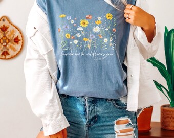 Consider How The Wildflowers Grow T-Shirt, Boho Christian Graphic Tee, Inspirational Bible Verse Shirt, Faith-Based Gift, Cottagecore Design