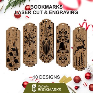 Puede incluir: Diez diseños de marcapáginas navideños de madera cortados con láser y grabados. Los diseños incluyen un gnomo, una campana, un copo de nieve, un reno y un pueblo de invierno.