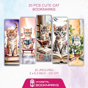Bookmarks Printable 20 Cute Cat , Kitten Digital Bookmark Sheets, Cat PNG bookmark sublimation, Cat Print and Cut Bookmark Set